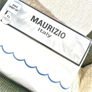 MAURIZIO Made in Italy KING SHEET SET WHITE Cotton BLUE Scalloped Embroi…